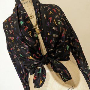 Ferragamo silk blouse shirts shoes print knot used vintage ribbon black red gre